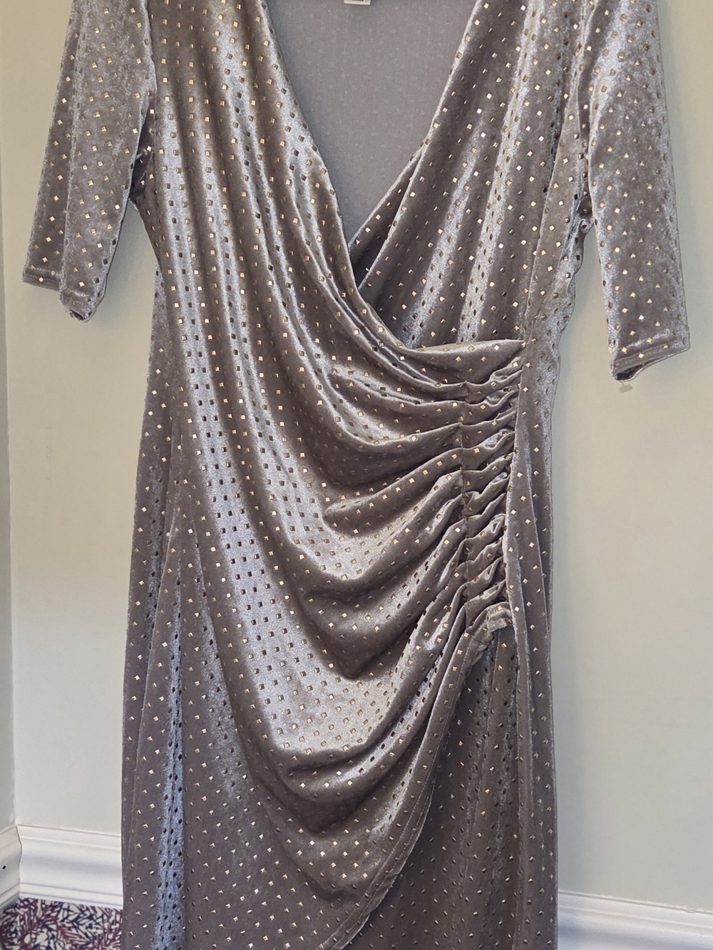 Joseph Ribkoff Silver Velvet Midi Dress with Metallic Dot Detail